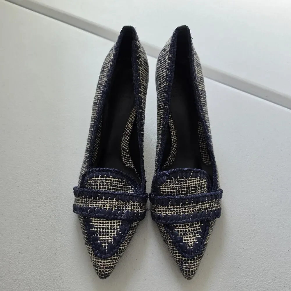 Tory Burch Shoes Womens Size 8 Blue Tweed Pointed Toe Loafer Pumps Stiletto